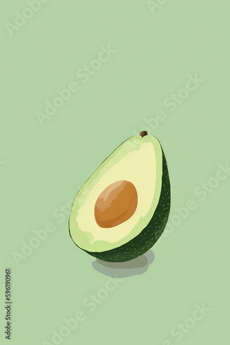 One half of an avocado with seed,  minimalist, light green background. 