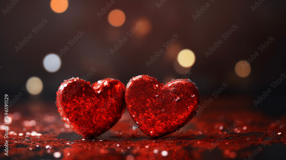 Two Hearts On red Glitter In Shiny Background. Generated AI