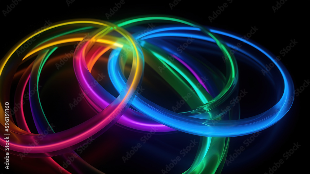 Abstract background, rainbow neon shapes on a clean black background.