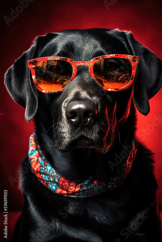 Charming and playful portrait of a black Labrador wearing red sunglasses.