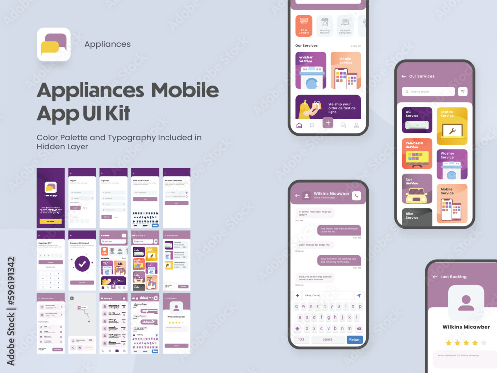 Appliances Mobile App UI Kit with Multiple Screens as Log in, Create Account, Profile, Order and Product Details.