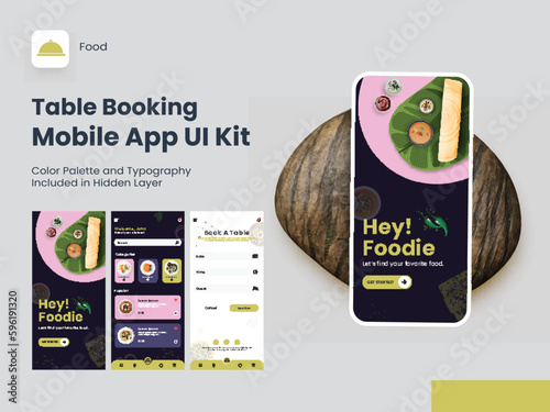 Table Booking Mobile App UI Kit Including Sign Up, Food Menu, Reservation Screen for Restaurant or Hotel.