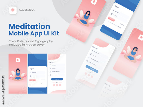 Set of UI, UX, GUI Screens Meditation Mobile App Including Sign In, Create Account and Sign Up for Responsive Website.