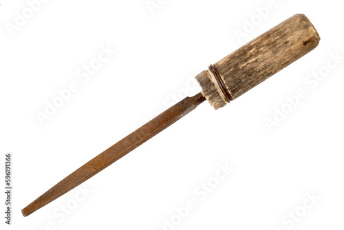 An antique file with a homemade wooden handle. Rusty file on a white background. photo