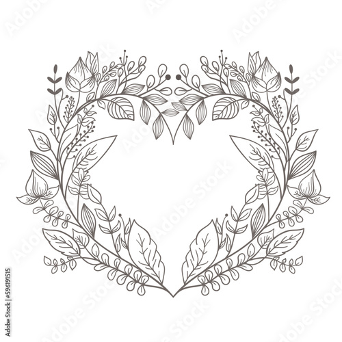 Hand Drawn Wreath or Floral Frame In Heart Shape. Generative AI Illustration.