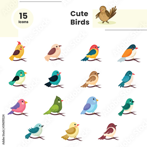 Diverse Types of Birds Sitting On Branch Icon In Flat Style. © Abdul Qaiyoom