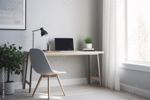 Minimalist Workspace Scene, Sleek Desk, Slim Laptop, Elegant Lamp, Small Plant, Stylish Chair, Subtle Wall Art, Neutral Colors, Natural Light - Generative AI