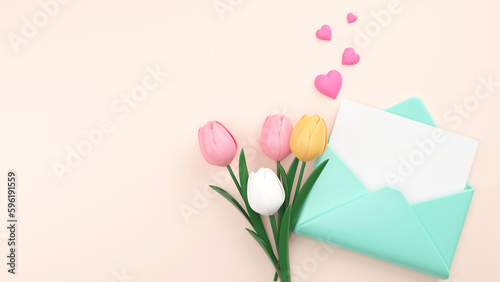 Fototapeta Naklejka Na Ścianę i Meble -  3D Render of Open Envelope With Blank Paper, Colorful Tulip Bouquet With Hearts Element. Mother's Day Concept.
