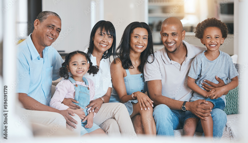 Portrait, big family and smile in home on sofa in living room, bonding or relaxing. Grandparents, parents and happiness of children on couch, care or enjoying quality time together in lounge in house Portrait, big family and smile in home on sofa in living room, bonding or relaxing. Grandparents, parents and happiness of children on couch, care or enjoying quality time together in lounge in house