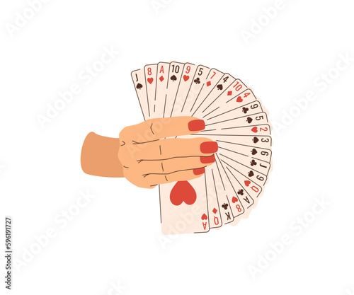 Playing cards in hands flat illustration. Card tricks. Croupier in casino. Vector illustration for gambling industry