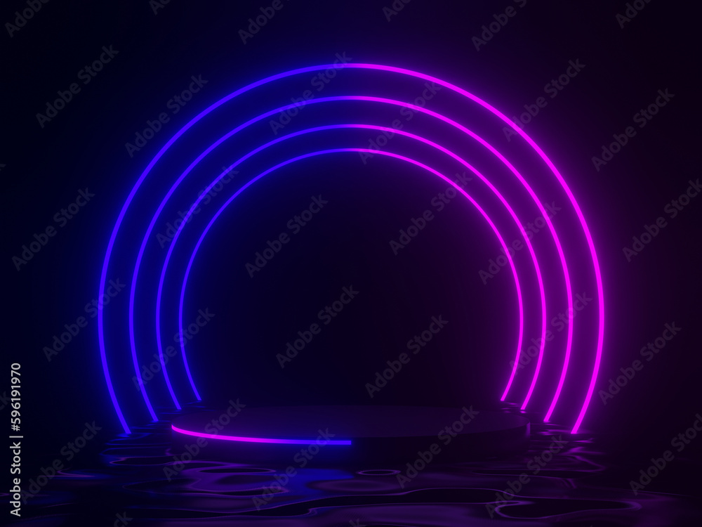 3D neon podium. Gradient lights mock up.