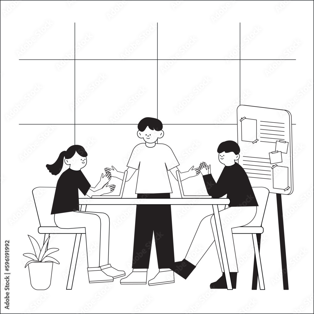 Black and white cartoon vector illustration. Team of young business people using labtop talking and discussing for work sitting in meeting room at modren office Black and white cartoon vector illustration. Team of young business people using labtop talking and discussing for work sitting in meeting room at modren office