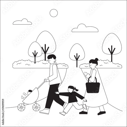 Vector illustration black and white set of parents take their children out for a walk in the park on vacation. Happy family concept