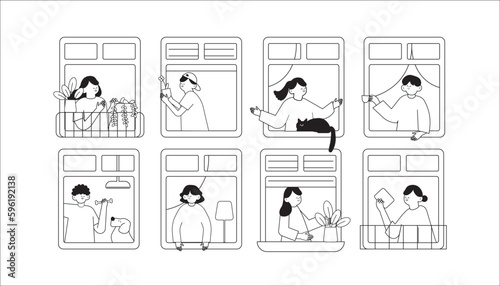 Modern urban lifestyle live in a condo Daily activities of the residents through the windows of the room, planting trees, raising animals, looking city view, cleaning. Vector illustration