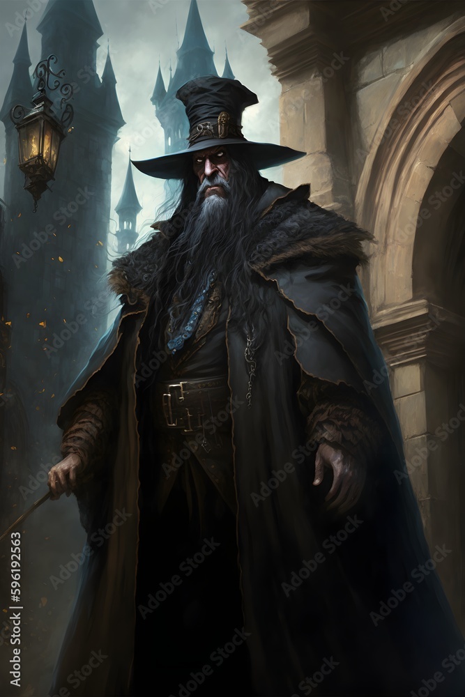 full body framing of a heavily built sinister professor in a school for