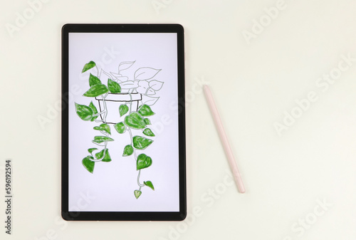 flat lay of digital tablet with picture of house plant in watercolor style on screen   pink stylus pen    isolated on white background. Digital art concept.