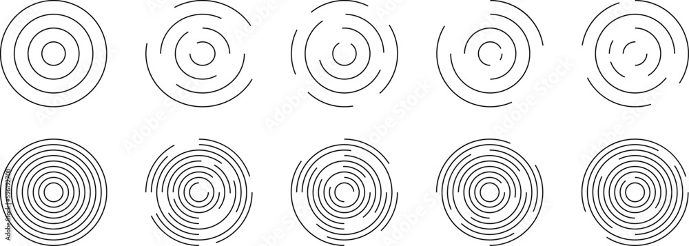 Set of circular ripple icons. Concentric circles with broken lines isolated on white background. Vortex, sonar wave, soundwave, sunburst, signal signs - obrazy, fototapety, plakaty 