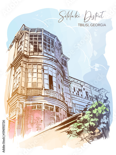 Traditional Georgian residential building with courtyard framed with glassed balconies. Tbilisi, Georgia. Line drawing watercolour painted and isolated on white background. EPS10 vector illustration