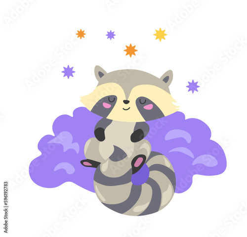Sleepy raccoon animal character on fluffy clouds