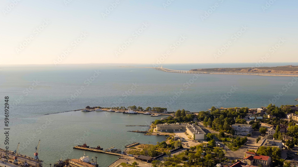 Kerch, Crimea - August 31, 2020: View of the new Crimean bridge. Clear weather, Aerial View