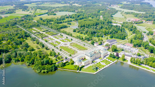 Stockholm, Sweden - June 23, 2019: Drottningholm. Drottningholms Slott. Well-preserved royal residence with a Chinese pavilion, theater and gardens, From Drone photo