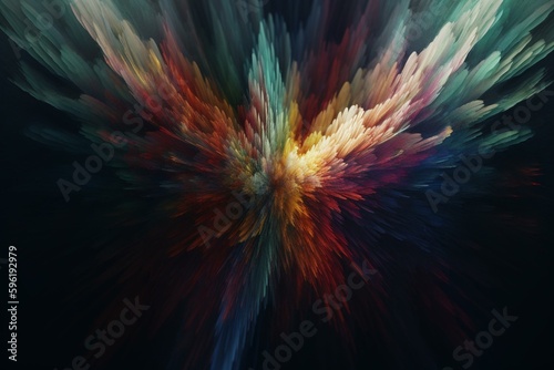 Abstract colorful background featuring symmetrical wispy patterns, a shaft of white light, and angel wings rising in blurry motion. Copy space below. Generative AI