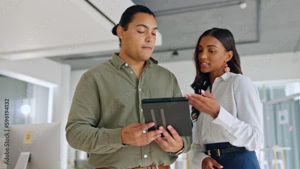 Team work, talking or business people with tablet planning for problem solving or online project strategy. Digital research, ideas or employees working on innovation, vision or solutions together