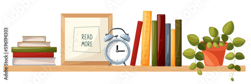  Bookshelf with stacks of books, books, alarm clock, "read more" poster, indoor plant. Bookstore, bookshop, book lover concept. Flat  Isolated in white vector illustrations, vector concept.