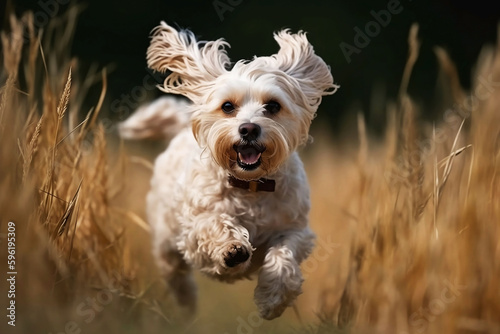 Happy Dog Running in a Meadow - Close Up Shot of a Cute and Playful Pet Enjoying the Outdoors