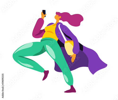 Busy woman running and looking at smartphones