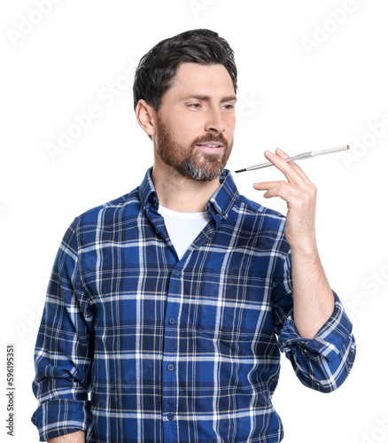 Man using long cigarette holder for smoking isolated on white