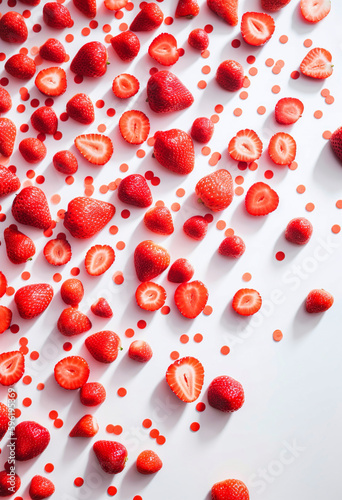 Summer fruit creative concept exotic explosion refreshing flavor, fresh delicious fruit. A healthy Spring snack, sweet red strawberries on background. Illustration, Generative AI.