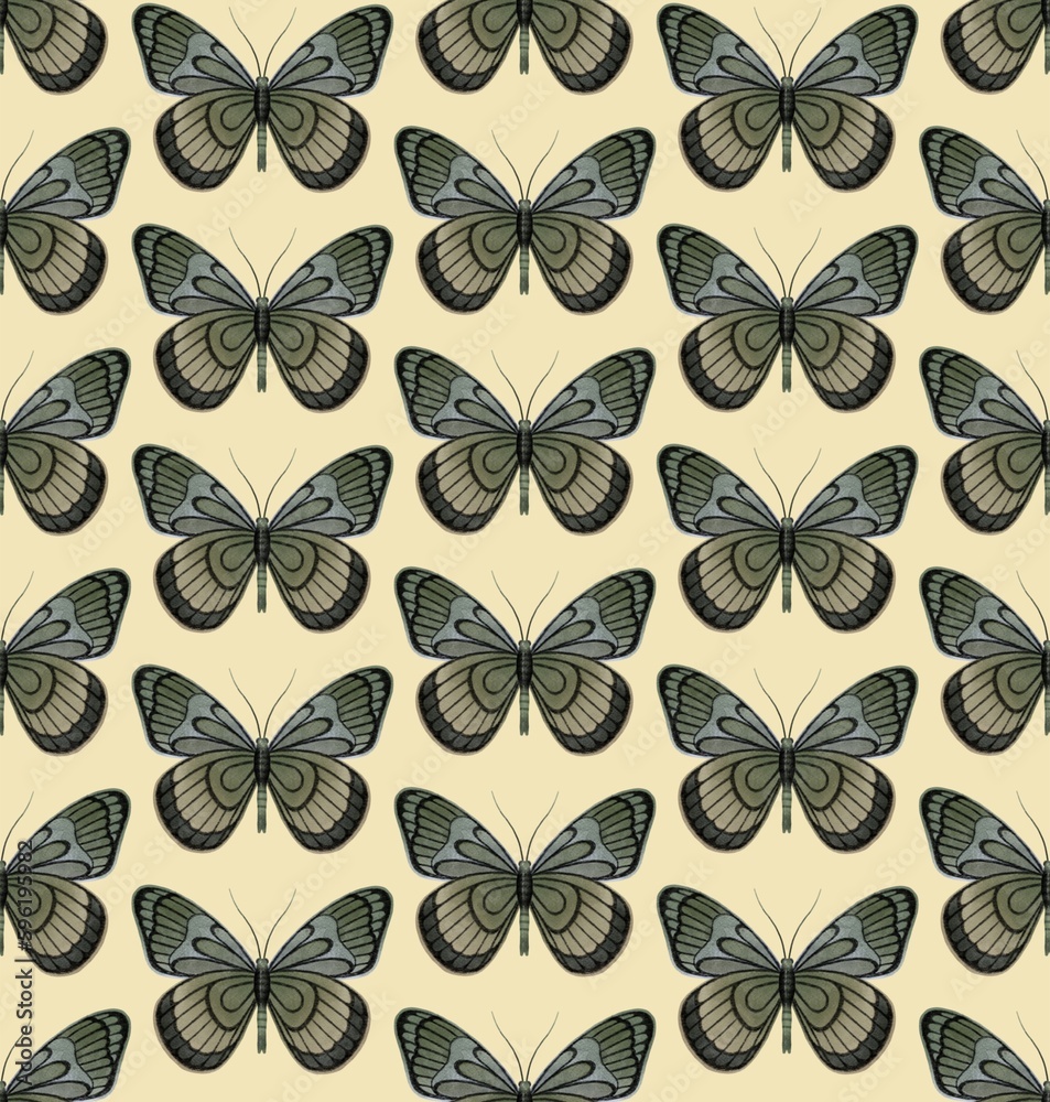 Fototapeta premium LIGHT YELLOW SEAMLESS PATTERN WITH MULTI-COLORED PASTEL DIGITAL WATERCOLOR BUTTERFLIES