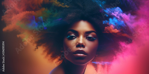 Afroamerikanisches Frauen Gesicht mit Holi Farben Pulver Explosion, Nahaufnahme Poster, AI Genartiv
