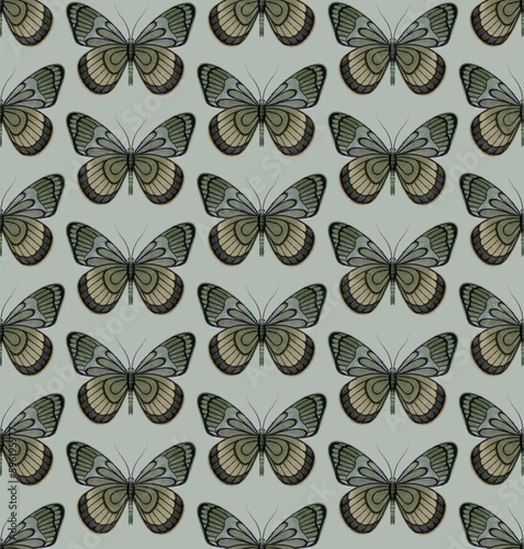 LIGHT OLIVE SEAMLESS PATTERN WITH MULTI-COLORED PASTEL DIGITAL WATERCOLOR BUTTERFLIES © elena