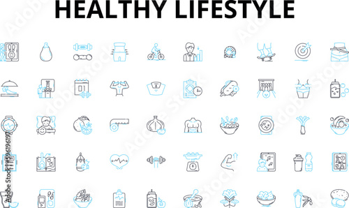 Healthy lifestyle linear icons set. Nourishment, Fitness, Wellness, Balance, Nutrition, Exercise, Hydration vector symbols and line concept signs. Rest,Self-care,Mindfulness illustration