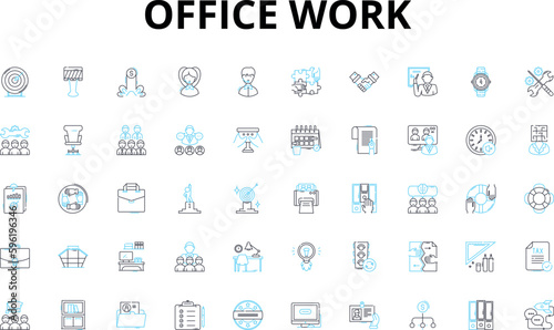 Office work linear icons set. Collaboration, Productivity, Organization, Efficiency, Communication, Meetings, Deadlines vector symbols and line concept signs. Innovation,Multitasking,Prioritization