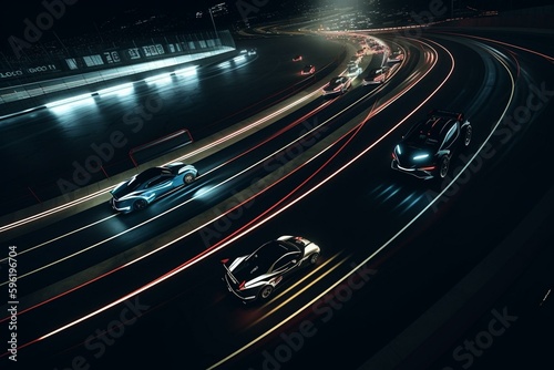 An illuminated race track with a digital illustration of racing sports at night. Generative AI