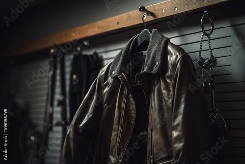 A hanging rack designed to resemble a biker, perfect for storing coats and jackets in a unique way. Generative AI