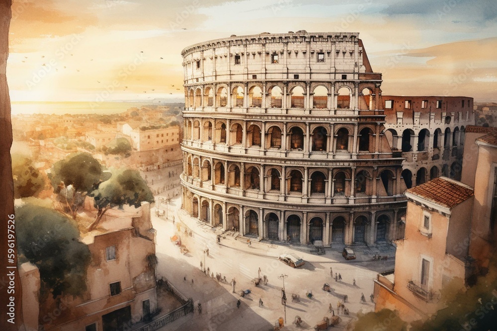 Watercolor postcard featuring historical Rome, Italy with iconic landmarks like the amphitheater, Colosseum, and columns. Generative AI