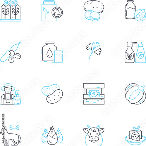 Organic cultivation linear icons set. Soil, Fertilizer, Compost, Pesticides, Herbicides, Garden, Farm line vector and concept signs. Sustainable,Health,Nutrients outline illustrations