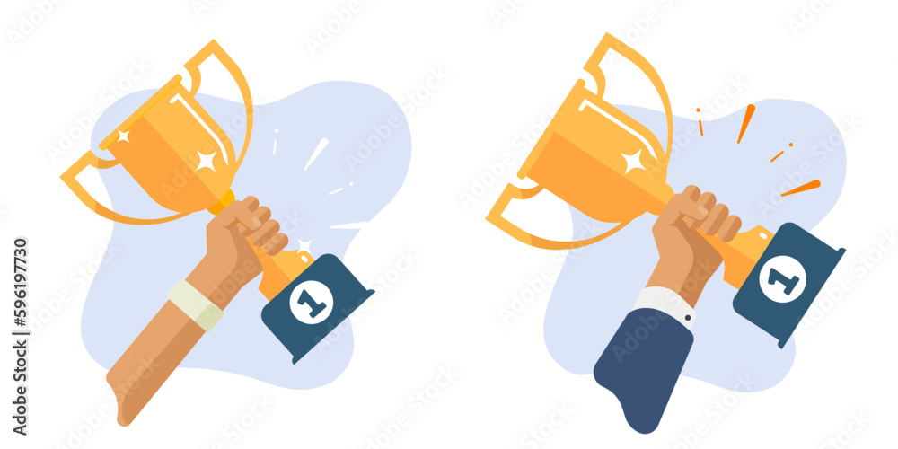 Trophy gold cup in hand vector success winner graphic illustration flat cartoon icon, sports man and business person holding golden goblet best award reward first place competition image clipart - obrazy, fototapety, plakaty 