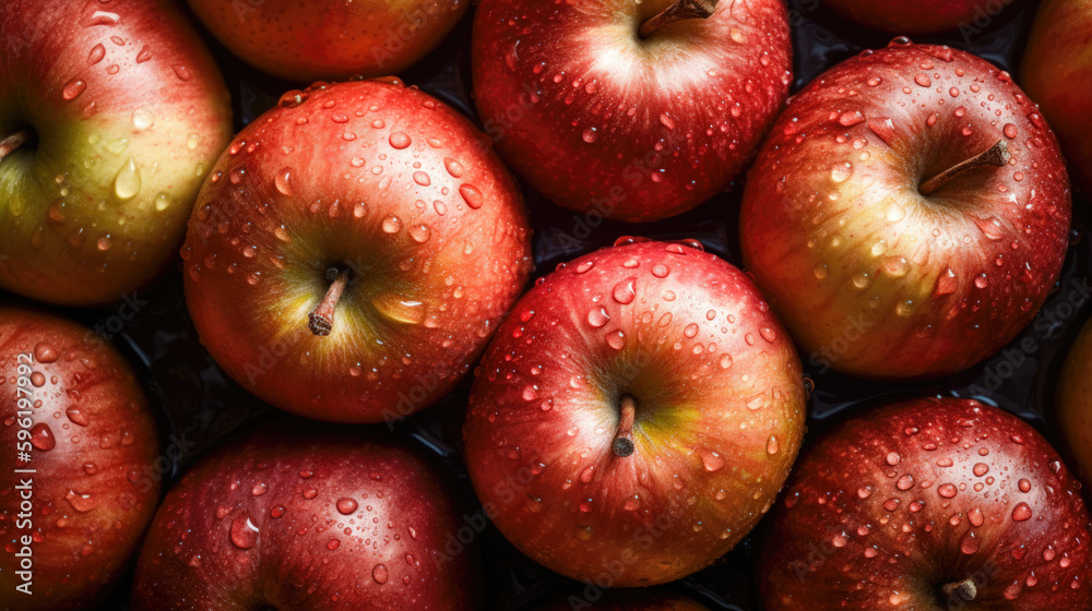 Fresh red apples with water drops on dark background. Top view. Fresh red apples with water drops on dark background. Top view.