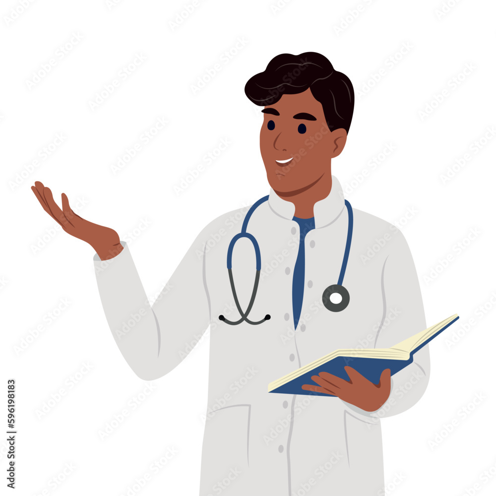 Happy doctor is talking explaining something, gesturing with hand. A doctor in a medical gown. Happy doctor is talking explaining something, gesturing with hand. A doctor in a medical gown.