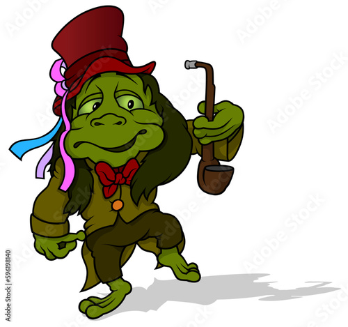 Green Waterman with Red Top Hat Holds a Pipe in his Hand