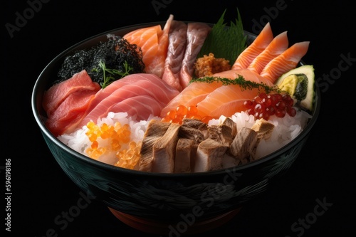 Chirashi Don Sushi Sashimi Rice Salmon Tuna Hamachi Snapper Mackeral Saba Abalone Ikura Masago Roe Uni Shiso Seaweed Wasabi Ginger in Bowl Image