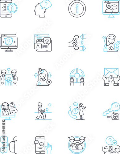 Assistance linear icons set. Help, Support, Guidance, Relief, Service, Aid, Backup line vector and concept signs. Backing,Comfort,Encouragement outline illustrations