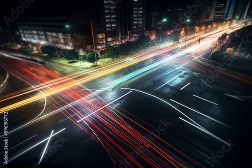 3D illustration of speedy traffic light trails with long exposure effect. Generative AI