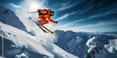 pro skier cliff jump, extreme skiing, winter mountain panorama with blue sky, generative ai