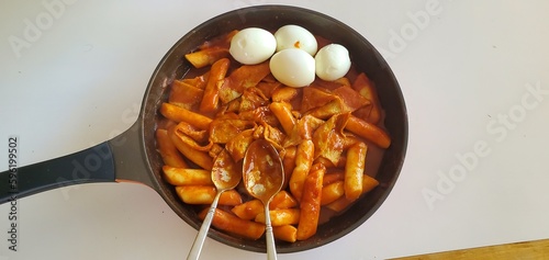 Korean food, Tteokbokki, and eggs in a pan